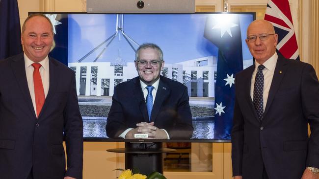 Barnaby Joyce, Scott Morrison and Governor-General David Hurley at the swearing-in ceremony at Government House, Canberra. Picture: NCA NewsWire / Martin Ollman