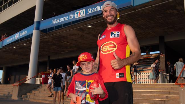 Ryan Schilling and Kobi Schilling at the 2024 AFL match between Gold Coast Suns and North Melbourne at TIO Stadium. Picture: Pema Tamang Pakhrin