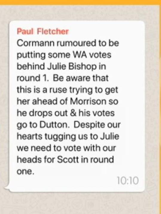 Leaked Whatsapp message regarding the vote for Julie Bishop in last weeks Federal leadership spill. Source: ABC Insiders