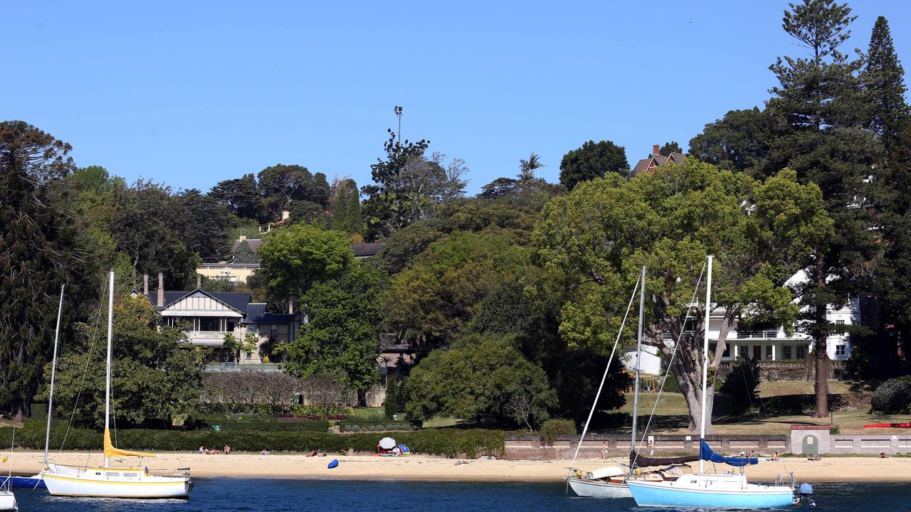 Both Fairwater estate (left) and former Fairfax property Elaine (right) sit comfortably on the beach in Point Piper. Fairwater is 4100sq m larger than Elaine. Picture: James Croucher