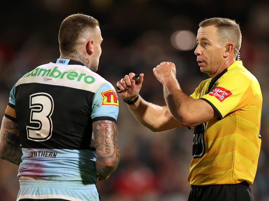 Josh Dugan of the Sharks was lucky to escape with just a trip to the sin bin for his high shot. Picture: Mark Kolbe/Getty Images