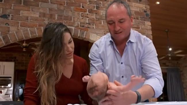 Vikki Campion and Barnaby Joyce give baby Sebastian a bath. Picture: Channel 7 