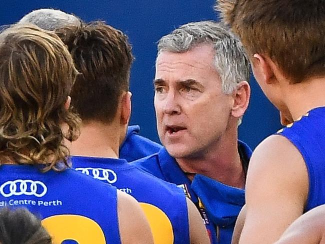 PERTH, AUSTRALIA - MAY 02: Adam Simpson, Senior Coach of the Eagles addresses his players at quarter time during the 2021 AFL Round 07 match between the West Coast Eagles and the Fremantle Dockers at Optus Stadium on May 02, 2021 in Perth, Australia. (Photo by Daniel Carson/AFL Photos via Getty Images)