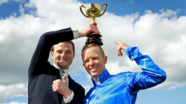 James Ferguson, who was an assistant to Godolphin trainer Charlie Appleby at the time, celebrating Qewy’s 2016 Geelong Cup win with Kerrin McEvoy. Picture: Colleen Petch