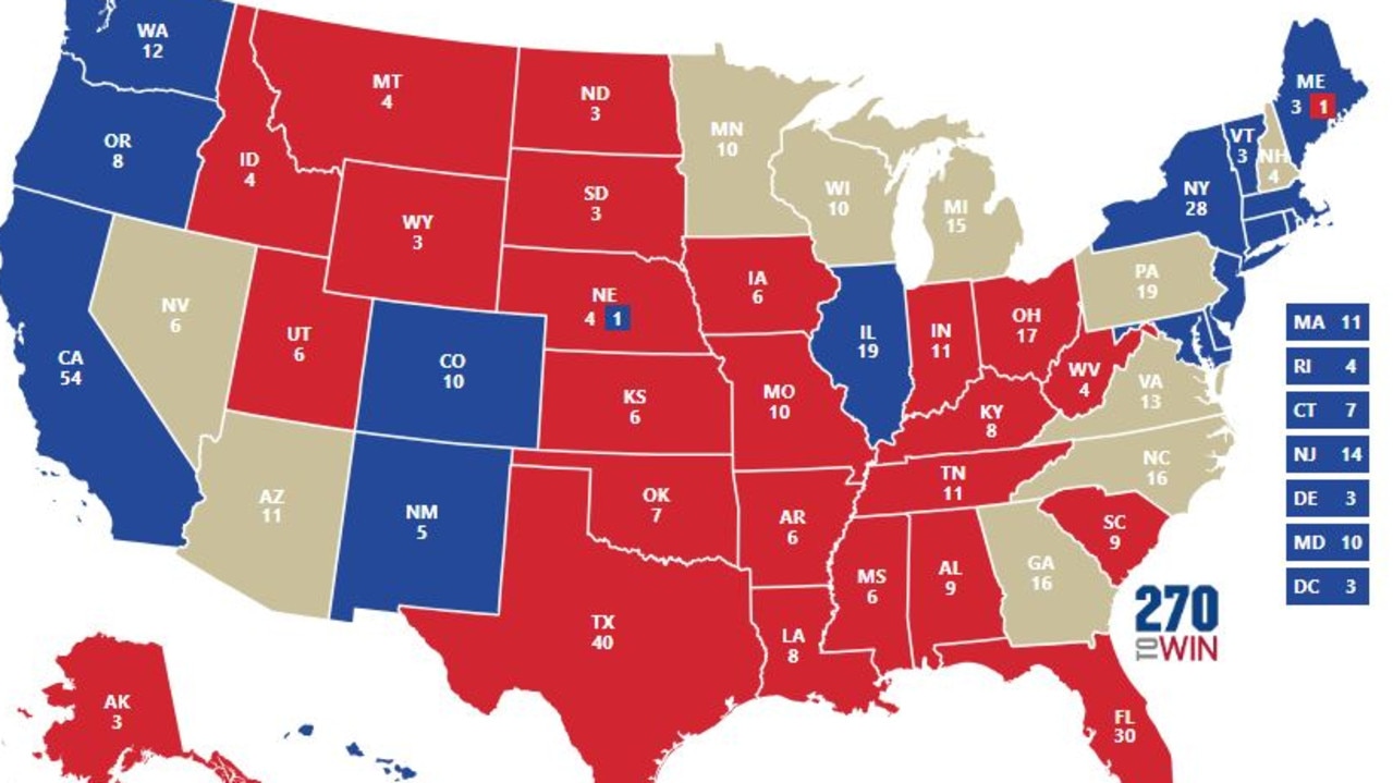 You can see the battleground states in tan, the safe Democratic states in blue, and the safe Republican states in red. Picture: 270toWin