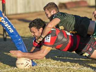 TRY TIME: Kalemb Hart scores for Valleys during their Madsen-Rasmussen Trophy clash with Wattles. The two TRL heavyweights will square off again on Sunday. Picture: Kevin Farmer