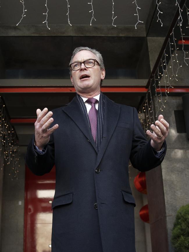 Australian Defense Minister Christopher Pyne speaks to the journalists at the Australian Embassy in Beijing. Picture: AP