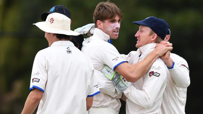 Alex Gregory, pictured celebrating a wicket for Sturt in last season’s semi-finals, went to Scotch for three years. He is the team’s only present-day player. Picture: AAP/Mark Brake.