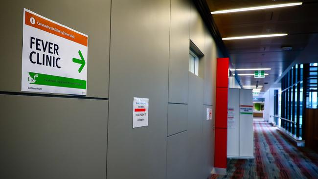 A sign directing visitors to the Fever Clinic at Gold Coast University Hospital. Picture: Patrick Hamilton