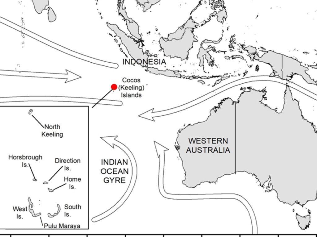 The Cocos or Keeling Islands in the Indian Ocean, an external Australian territory, with arrows showing the direction of the major oceanic currents.