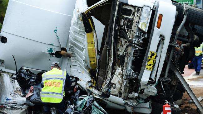 This out-of-control truck, which crashed into eight cars and injured six people in 2014, helped bring on the Narraweena speed camera. Picture: Braden Fastier