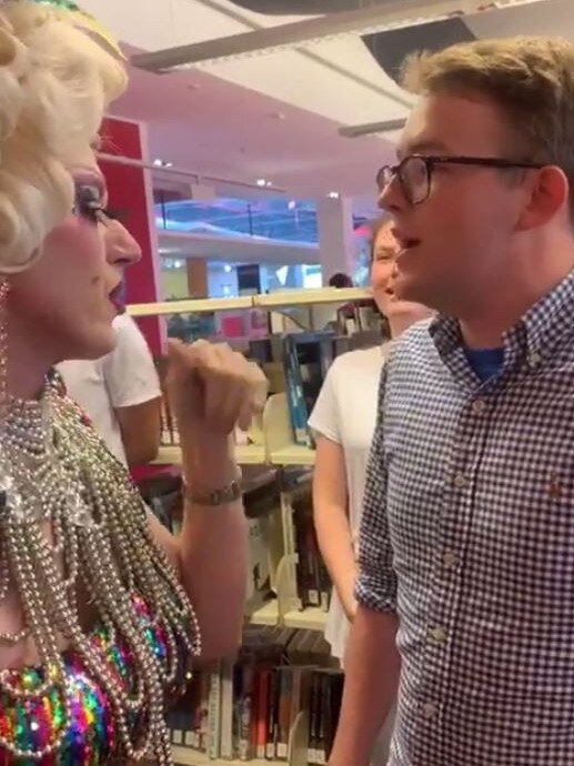 Protesters shout at a drag queen after a Brisbane City Council library event. Picture: Supplied