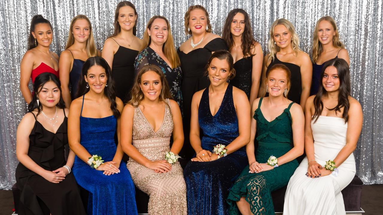 Clayfield College formal 2020: Front Row: Christy Lau, Luisa Alberti, Brooke Warburton, Darcy Mullins, Kathryn Crowley, Sophie Massey. Back Row: Jordan Murphy, Abigail Beehler, Sophie Hopsick, Tina Mills, Bethany Jones, Hannah Phillips, Josie Lacey, Charlotte Taylor. Picture: Ranald Simmons