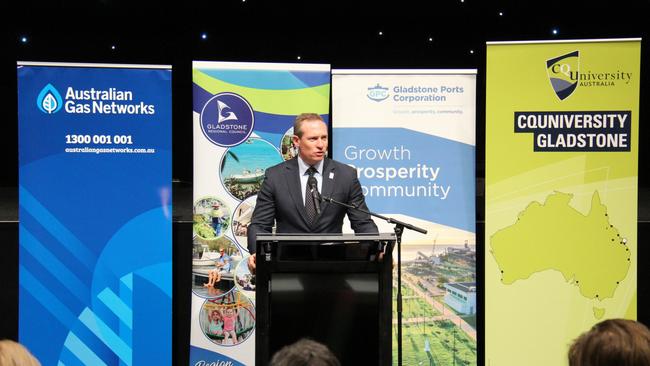 Energy, Renewables and Hydrogen Minister Mick de Brenni addresses the launch of the Gladstone Hydrogen Ecosystem project. Picture: Rodney Stevens