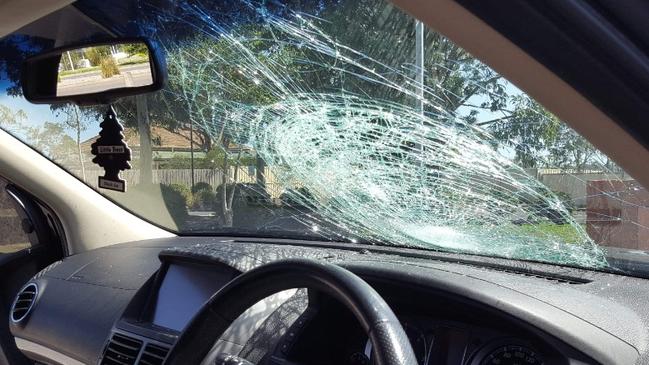 The damage to pregnant woman’s car after a another motorist threw an object out of their window in Sunbury on January 26, 2020.