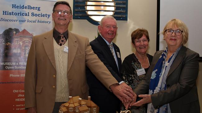 Graeme Speers, Peter Williams, president Jenn Burgess and Jenny Macklin MP at the Heidelberg Historical Society. Peter Williams received a Medal of the Order of Australia (OAM).