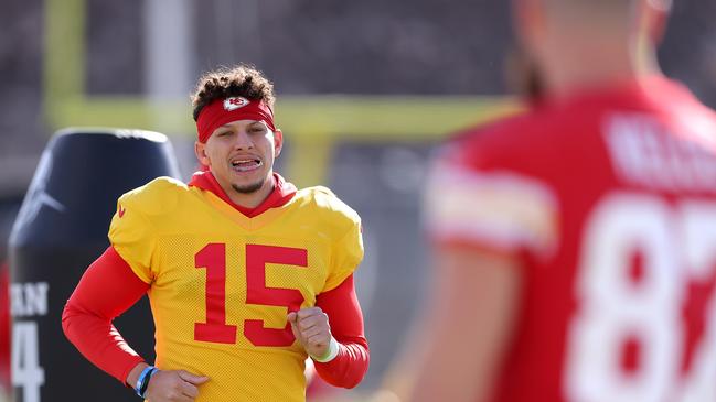 Chiefs quarterback Patrick Mahomes warms up during Chiefs practice ahead of Super Bowl LVIII. Picture: Jamie Squire/Getty Images