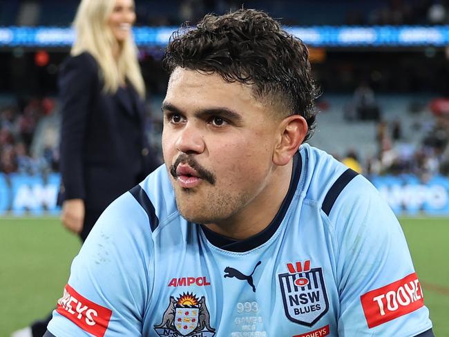 MELBOURNE, AUSTRALIA - JUNE 26:  Latrell Mitchell of the Blues reacts after winning game two of the men's State of Origin series between New South Wales Blues and Queensland Maroons at the Melbourne Cricket Ground on June 26, 2024 in Melbourne, Australia. (Photo by Cameron Spencer/Getty Images)