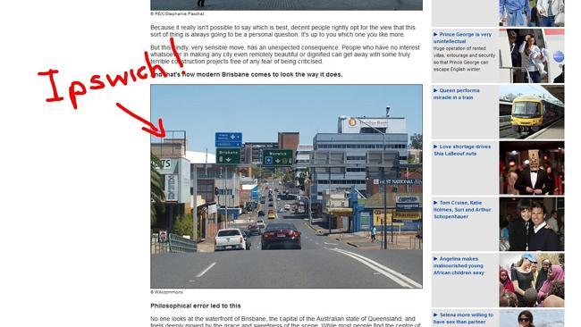 Alain de Botton accidentally used a picture of Ipswich instead of Brisbane on his website.