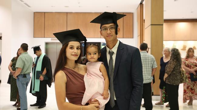 Married couple Rabina Parajuli (left) and Rajesh Gautam (right) both graduated on Tuesday. Mrs Parajuli earned her Graduate Certificate of Nursing while Mr Gautam earned a Bachelor of Nursing and Health Science Imaging. The couple said it was 