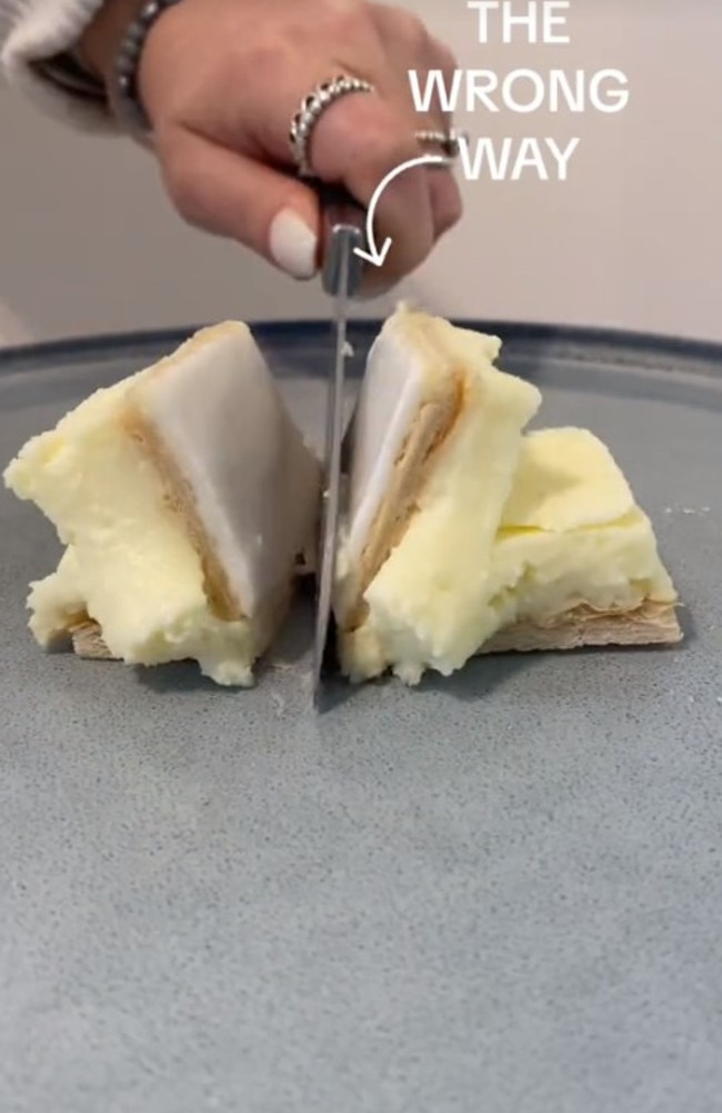 Melbourne bakery reveals we've been cutting vanilla slice wrong. Picture: TikTok