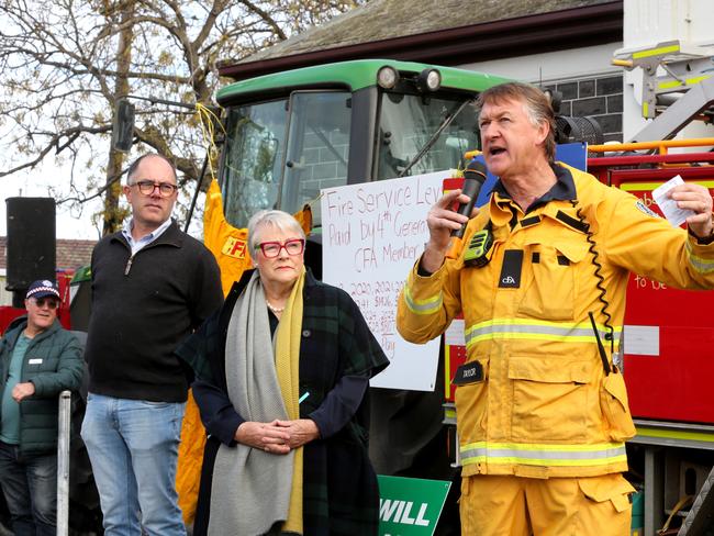 Liberal MP's Beverley McArthur and Richard Riordan protest the Emergency Services Levy with rally organiser and MC Rod Taylor from the Winchelsea CFA Brigade. Picture: Mike Dugdale