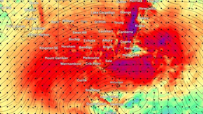 Forecast wind gusts on Wednesday afternoon according to the ECMWF-HRES model. Photo: WeatherZone