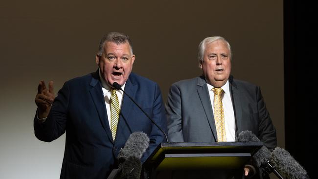 Clive Palmer and Craig Kelly address the crowd at the United Australia Party's National Launch at the Palmer Coolum Resort. Picture: Brad Fleet