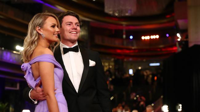 Lachie Neale, of the Lions, with wife Julie. Picture: Getty