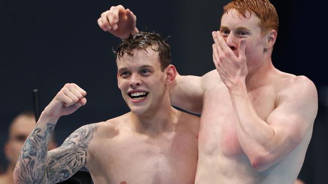 TOKYO, JAPAN - JULY 28: Matthew Richards and Tom Dean of Team Great Britain react during the Men's 4 x 200m Freestyle Relay Final on day five of the Tokyo 2020 Olympic Games at Tokyo Aquatics Centre on July 28, 2021 in Tokyo, Japan. (Photo by Tom Pennington/Getty Images)