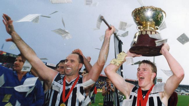 Roger Delaney (left) and Nathan Buckley celebrate after Port Adelaide won the 1992 SANFL grand final. Picture: Nicholas Wilson