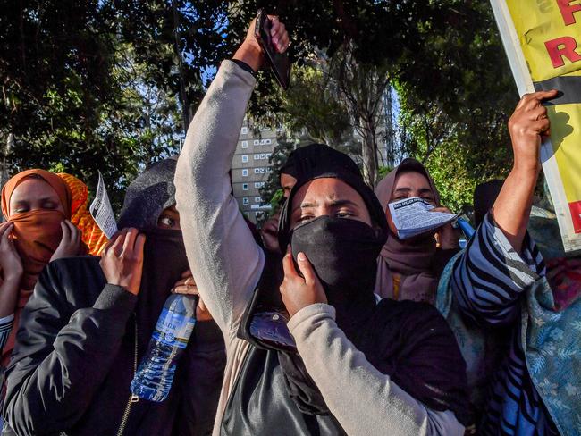Demonstrators outside the Melbourne Pavilion last month. Picture: Jake Nowakowski