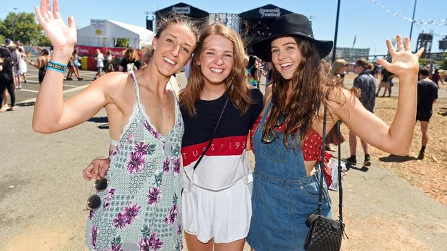 “Haaaaaaaaaaaay.” St Jeromes Laneway Festival at Hart's Mill in Port Adelaide. Ally Evans, of West Beach, Lucy Bellinger, of West Beach, Isobel Gilkes, of Unley Picture: Tom Huntley