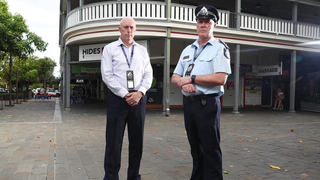 Cairns Police have successfully opposed bail or had bail revoked in a number of cases involving repeat youth offenders. Acting Chief Superintendent Chris Hodgman and Acting Inspector Gary Hunter of the Cairns City Patrol Group. Picture: Brendan Radke