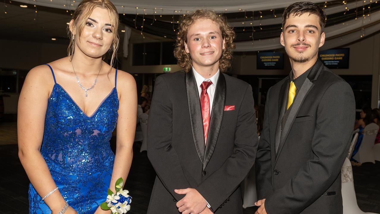 Jazmine Western, Peter Sypher and Jacob Carr at Sarina State High School Year 12 Formal Wednesday 16 November 2022. Picture: Michaela Harlow