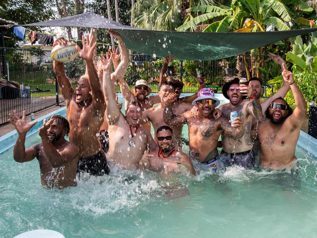 The Casuarina Cougar men were still celebrating hard on Monday following their back to back NTRU A-Grade championship win. Picture: Pema Tamang Pakhrin