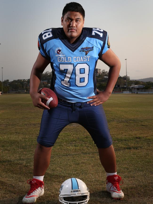 Stingrays Juniors have made it to the QLD Superbowl. Man mountain Matthew Ioane 16 training at Nerang. Picture Glenn Hamposon