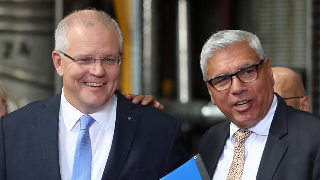 Prime Minister Scott Morrison and Mr Warren Mundine- Liberal Candidate for Gilmore. Picture: Alex Coppel.