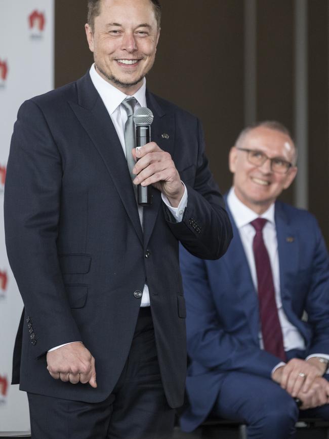 Tesla CEO Elon Musk and SA Premier Jay Weatherill at Adelaide Oval. Photo: AAP Image/Ben Macmahon