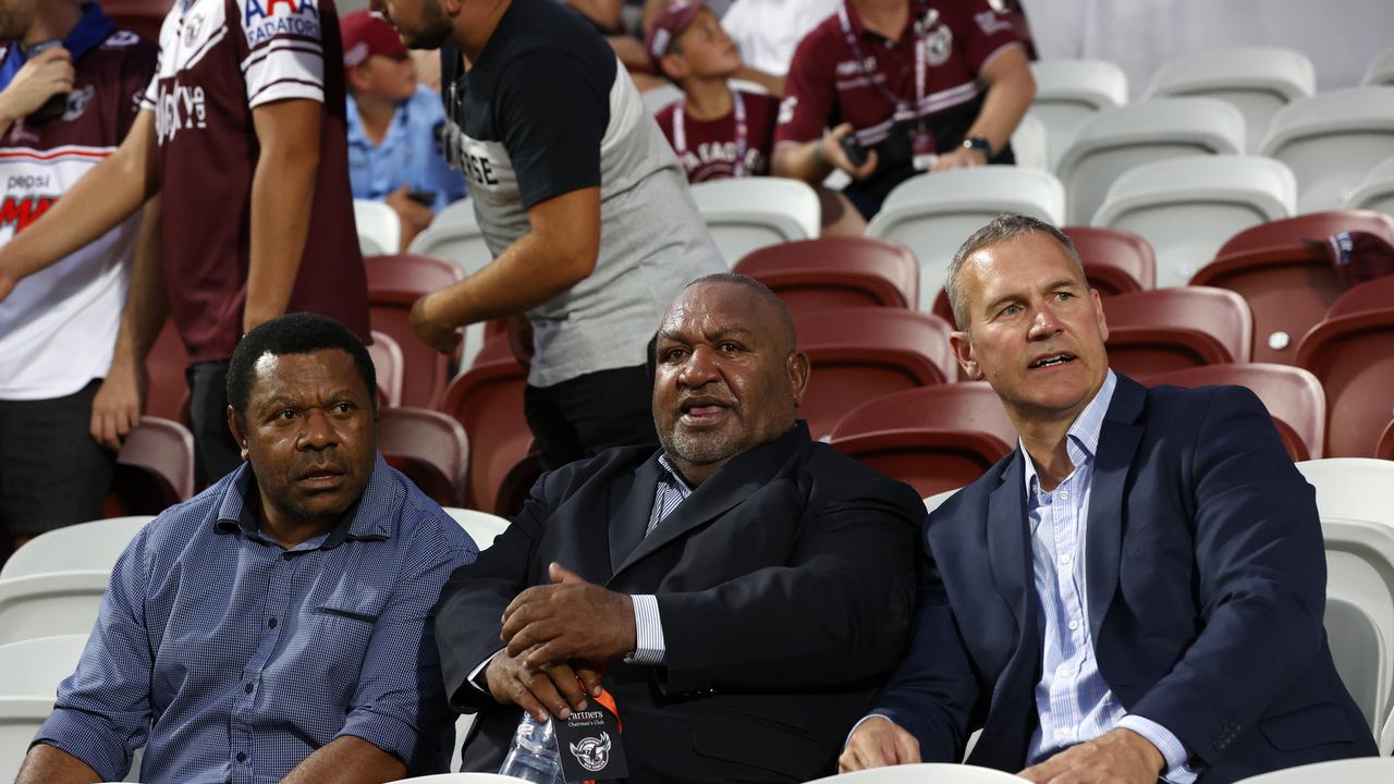 The team behind Papua New Guinea’s NRL expansion bid (from left) Sandis Tsaka, Stanley Hondina and Andrew Hill at the Manly v Parramatta game at Brookvale. Picture: Jonathan Ng