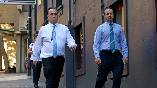 ARL Commission chairman Peter V’landys, left, after meeting with the chief executives of Foxtel and Nine Network, Patrick Delaney and Hugh Marks Picture: Toby Zerna