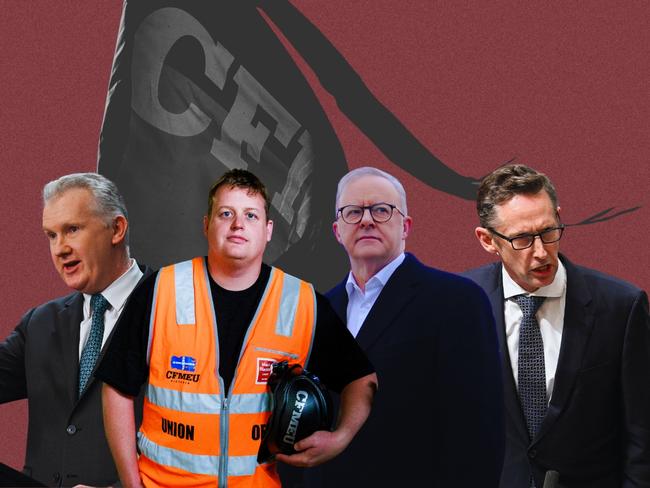 Employment and Workplace Relations Minister, Tony Burke; CFMEU national construction secretary Zach Smith; Prime Minister Anthony Albanese; Financial Services Ministeer Stephen Jones.