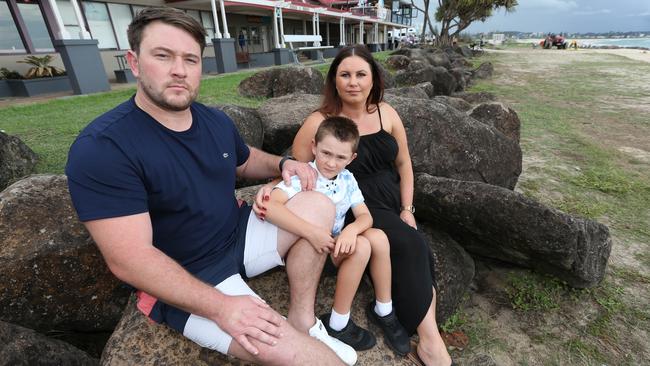 Stone Mason Matt Dempsey with his wife Maria Dempsey and son Hunter Dempsey age 6 of Kirra. Pic Mike Batterham.