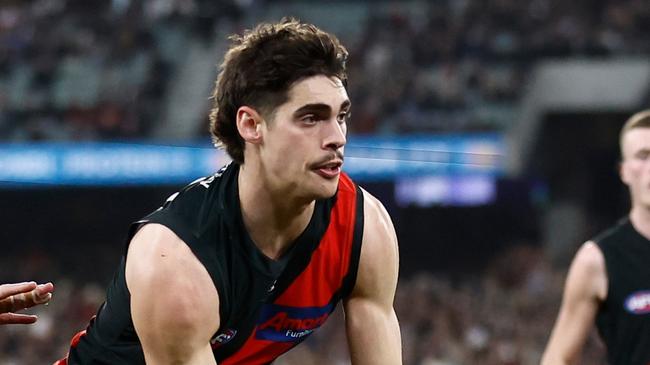 MELBOURNE, AUSTRALIA – AUGUST 25: Brandon Zerk-Thatcher of the Bombers and Daniel McStay of the Magpies in action during the 2023 AFL Round 24 match between the Essendon Bombers and the Collingwood Magpies at Melbourne Cricket Ground on August 25, 2023 in Melbourne, Australia. (Photo by Michael Willson/AFL Photos via Getty Images)