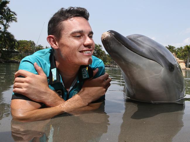 Brisbane Heat player Sam Heazlett at Sea World with Coen the dolphin. They'll be raising money by hitting sixes for the bushfire victims. Picture Glenn Hampson