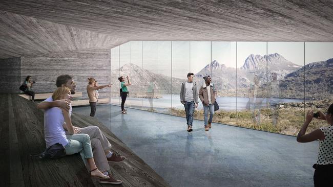 An artist’s impression of the view from the Dove Lake viewing shelter. Pictures supplied by the Tasmanian Government.