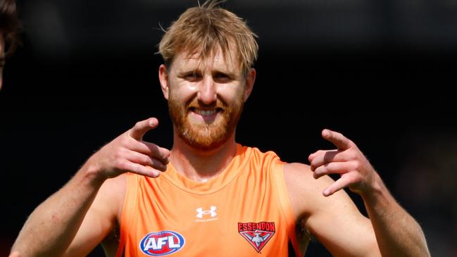 MELBOURNE, AUSTRALIA - NOVEMBER 13: Dyson Heppell of the Bombers gestures during a Essendon Bombers training session at the Hangar on November 13, 2023 in Melbourne, Australia. (Photo by Dylan Burns/AFL Photos via Getty Images)