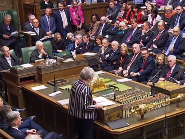 A video grab from footage broadcast by the UK Parliament's Parliamentary Recording Unit (PRU) shows Britain's opposition Labour Party Leader Jeremy Corbyn (R) and Britain's opposition Labour party Brexit secretary Keir Starmer (2R) listen as Britain's Prime Minister Theresa May stands and delivers a statement to the House of Commons in London on November 26, 2018, to update parliament on the newly-agreed Brexit deal. - Theresa May will convene her cabinet and update parliament on the newly-agreed Brexit deal on Monday, as the embattled British prime minister begins the tricky mission of selling the plan to a sceptical country. (Photo by HO / various sources / AFP) / RESTRICTED TO EDITORIAL USE - NO USE FOR ENTERTAINMENT, SATIRICAL, ADVERTISING PURPOSES - MANDATORY CREDIT " AFP PHOTO / PRU "