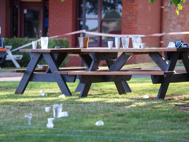 The scene in the beer garden at the Royal Daylesford Hotel after the horror crash. Picture: Brandan Beckett