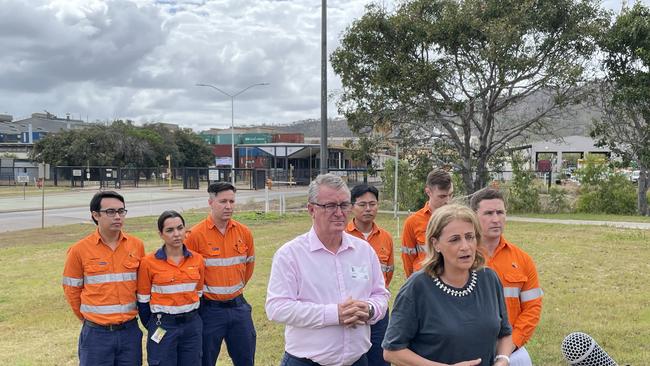 Dark clouds hang over Sun Metals zinc refinery as Mundingburra MP Les Walker, former mayor Jenny Hill, and Sun Metals' Simon Sleigh rail against a hostile takeover. Picture: Leighton Smith.